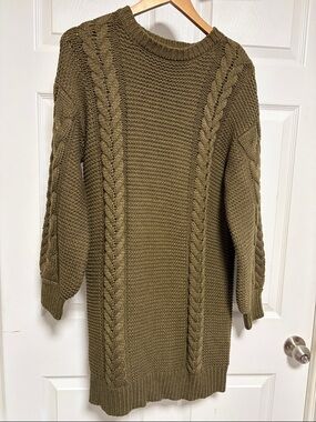 Olive Cable-Knit Crew Neck Sweater Dress